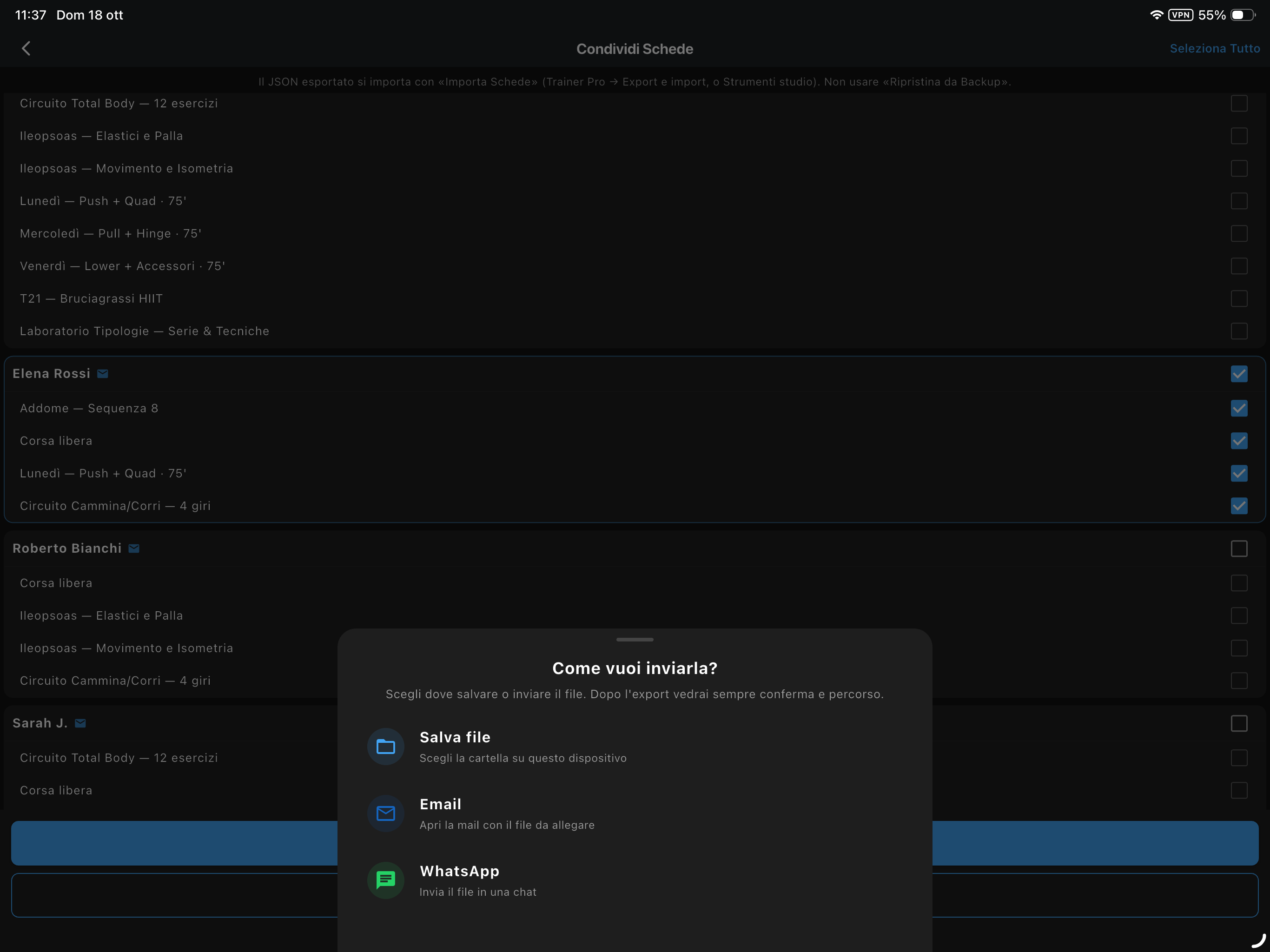 iPad — condivisione e trasferimento clienti / esportazioni